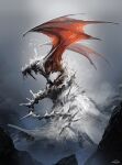  bird creature dragon dragon_wings esuthio fantasy flying from_side highres hunched_over mountain no_humans original skeleton squatting wings 
