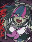  1girl aetherion bangs black_hair black_skirt blue_hair breasts character_name claw_pose commentary commission danganronpa_(series) danganronpa_2:_goodbye_despair ear_piercing fangs from_above hair_horns hands_up highres jewelry lip_piercing long_hair looking_at_viewer medium_breasts mioda_ibuki mismatched_legwear multicolored_hair neckerchief necklace open_mouth piercing pink_eyes pink_hair pleated_skirt sailor_collar scar school_uniform serafuku skirt smile solo stitches teeth thighhighs tongue torn_clothes torn_legwear white_hair zombie zombie_land_saga 