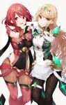  2girls blonde_hair breasts commentary_request highres large_breasts leggings long_hair multiple_girls mythra_(xenoblade) pantyhose pyra_(xenoblade) red_eyes red_hair simple_background super_smash_bros. xenoblade_chronicles_(series) xenoblade_chronicles_2 yappen yellow_eyes 