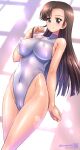  1girl asymmetrical_bangs bangs bare_shoulders black_hair blush breasts brown_hair cameltoe collarbone covered_navel covered_nipples dated eyebrows_visible_through_hair girls_und_panzer hand_in_hair highleg highleg_leotard impossible_clothes impossible_leotard kamogawa_tanuki large_breasts leotard long_hair looking_at_viewer nishi_kinuyo shiny shiny_hair signature smile solo twitter_username white_leotard 