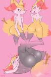  1girl :&lt; @_@ animal_ear_fluff animal_ears animal_nose anus artist_name ass black_fur blush body_fur braixen commentary english_commentary flat_chest fox_ears fox_girl fox_tail from_behind fullfolka furry gen_6_pokemon groin highres invisible_chair kneeling legs_up looking_at_viewer looking_back lying multiple_views navel on_back open_mouth paws pink_background pokemon pokemon_(creature) profile pussy red_eyes sideways_mouth signature simple_background sitting snout sparkle squiggle stick tail uncensored wavy_mouth white_fur x-ray yellow_fur 