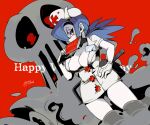  +_+ 1girl 770mk blue_hair breasts candy chocolate chocolate_bar cleavage cross food gloves hacksaw hair_over_one_eye hat highres large_breasts looking_at_viewer mask mouth_mask nurse nurse_cap one-eyed red_background red_cross red_eyes saw skull skullgirls surgical_mask twitter_username valentine valentine_(skullgirls) white_gloves white_mask 