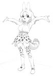  1girl :d absurdres animal_ears armpits arms_up bangs bow bowtie elbow_gloves extra_ears fang full_body gloves greyscale hair_between_eyes highres kemono_friends kona_ming looking_at_viewer monochrome open_mouth outstretched_arms print_gloves print_legwear print_neckwear print_skirt serval_(kemono_friends) serval_ears serval_print serval_tail shirt shoes short_hair simple_background skirt sleeveless sleeveless_shirt smile solo spread_arms standing tail thighhighs white_background 