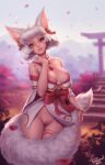  2021 animal_humanoid anthro asian_clothing asian_mythology bell breasts canid canid_humanoid canine canine_humanoid clothing east_asian_clothing east_asian_mythology female fox fox_humanoid fox_spirit fur genitals hi_res humanoid hybrid japanese_clothing looking_at_viewer mammal mammal_humanoid miko_outfit mythology nipples personalami pussy red_eyes ribbons shrine_maiden solo white_body white_fur 