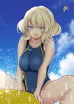 1girl :d absurdres banana_boat blonde_hair blue_eyes blue_sky blue_swimsuit breasts cloud cloudy_sky collarbone colorado_(kancolle) competition_swimsuit day eyebrows_visible_through_hair hair_between_eyes highres inflatable_raft inflatable_toy kantai_collection large_breasts ocean on_banana one-piece_swimsuit open_mouth outdoors short_hair side_braids sky smile solo straddling swimsuit tonbury water yellow_swimsuit 