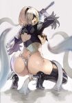  1girl ass black_blindfold black_hairband blindfold boots breasts covered_eyes from_behind hairband high_heel_boots high_heels highres imminent_rape juliet_sleeves large_breasts leotard leotard_pull long_sleeves nier_(series) nier_automata nishii_(nitroplus) open_mouth puffy_sleeves shiny shiny_hair shiny_skin short_hair silver_hair solo squatting tentacles thigh_boots thighhighs thighhighs_under_boots thong_leotard torn_clothes torn_leotard white_leotard yorha_no._2_type_b 