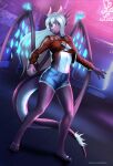  2021 anthro biped black_body black_sclera blue_body blue_scales blue_wings bottomwear breasts clothed clothing countershade_scales countershade_torso countershading crystal_wings cyberpunk_2077 dragon english_text female hair hi_res horn jacket long_hair midriff miirrym orange_eyes romanginzburg scales shorts signature solo spiked_tail spikes spikes_(anatomy) standing text topwear white_hair wings 