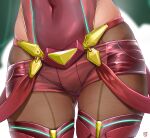  1girl ass_visible_through_thighs brown_legwear close-up covered_navel finalcake front-seamed_legwear micro_shorts pantyhose pyra_(xenoblade) red_legwear red_shorts seamed_legwear short_shorts shorts simple_background skindentation solo super_smash_bros. thigh_gap thighhighs thighhighs_over_pantyhose thighs white_background xenoblade_chronicles_(series) xenoblade_chronicles_2 