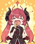  1girl belt blue_archive blush closed_eyes dango eating fang food hair_between_eyes halo horns junko_(blue_archive) military military_uniform necktie open_mouth pointy_ears red_hair simple_background solo twintails uniform wagashi wings 