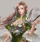  1girl armor boobplate breastplate brown_hair cropped elf feather_trim flower green_eyes grey_background long_hair original parted_lips pauldrons pointy_ears red_lips shoulder_armor sketch solo srasa 