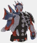  armor asymmetrical_armor back bbbb_fex black_armor blue_armor blue_eyes bug cropped_arms facing_away highres kamen_rider kamen_rider_demons kamen_rider_revice male_focus red_armor spider spine upper_body white_background 