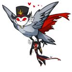  &lt;3 4_eyes anthro avian bird blitzo_(vivzmind) blush cape clothing crown danidrawsandstuff demon duo feathers feral flying grey_body hat headgear headwear helluva_boss hi_res holding_another imp male multi_eye owl red_eyes signature simple_background size_difference stolas_(vivzmind) tail_feathers white_background white_face wings 