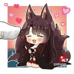  1boy 1girl :3 :d ^_^ ^o^ akagi_(azur_lane) animal_ears azur_lane bangs black_gloves blunt_bangs breasts chibi cleavage closed_eyes commander_(azur_lane) commentary_request eyebrows_visible_through_hair fingerless_gloves fox_ears fox_girl fox_tail gloves hair_tubes heart japanese_clothes kyuubi long_hair looking_at_viewer minigirl multiple_tails open_mouth out_of_frame pleated_skirt pov red_skirt seiza sidelocks signature simple_background sitting size_difference skirt smile tail taisa_(kari) twitter_username white_gloves wide_sleeves 