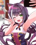  2girls animal_ear_fluff animal_ears armpits artist_name bare_arms bare_shoulders blurry blurry_background blush cat_ears cat_girl cat_tail cellphone commentary_request dot_nose fang green_eyes hand_up holding holding_phone karyl_(princess_connect!) long_hair low_twintails multicolored_hair multiple_girls one_eye_closed open_mouth pecorine_(princess_connect!) phone princess_connect! princess_connect!_re:dive purple_hair purple_neckwear sazamiso_rx self_shot shiny shiny_hair signature sleeveless smartphone smile solo_focus streaked_hair tail twintails v 