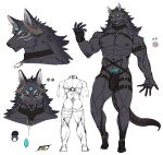  2021 3_eyes aaassstaro abs anthro big_pecs bulge canid canine canis choker clothing detailed_bulge fingerless_gloves genitals gloves grin hand_on_bulge hand_on_penis handwear horn jewelry male mammal mane model_sheet multi_eye muscular muscular_anthro muscular_male necklace nipples pecs penis simple_background smile solo straps wolf 