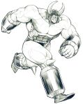  1boy abs blank_eyes buffaloman commentary_request evil_grin evil_smile full_body greyscale grin highres horns kinnikuman male_focus monochrome muscular running scar smile solo space_jin spikes veins 