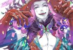  1boy abs aves_plumbum9 blue_eyes blue_lips butterfly_ornament cape center_opening colored_skin confetti curly_hair eyelashes fangs fate/grand_order fate_(series) fur-trimmed_cape fur_collar fur_trim hands_up hat headpiece horns lips makeup male_focus medium_hair mephistopheles_(fate) multicolored multicolored_eyes parted_lips purple_eyes purple_hair simple_background smile solo squinting tareme teardrop teeth thick_eyebrows toned toned_male unzipped upper_body white_background white_skin 