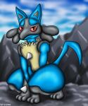  2021 absurd_res ambiguous_gender anthro hi_res looking_at_viewer lucario mountain nintendo outside paws pok&eacute;mon pok&eacute;mon_(species) red_eyes signature sinharvester smile solo text video_games 