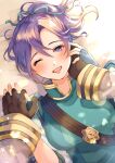  1girl absurdres commission commissioner_upload fir_(fire_emblem) fire_emblem gloves hand_on_another&#039;s_cheek hand_on_another&#039;s_face highres holding_hands kiran_(fire_emblem) looking_at_viewer one_eye_closed ponytail purple_eyes purple_hair ribbon smile wawatiku 