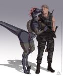  absurd_res alani_redum_(delta.dynamics) anthro armor athletic backpack body_armor bunny_(delta.dynamics) camo clothed clothing delta.dynamics dinosaur dromaeosaurid duo female female_on_human gun head_feathers hi_res human human_on_anthro interspecies interspecies_relationship knee_pads kriss_vector love machete male male/female male_on_anthro mammal melee_weapon radio ranged_weapon relationship reptile rifle scalie tattoo theropod weapon 