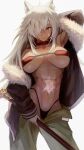  1girl abs ahoge animal_ear_fluff animal_ears arm_up armpits breasts breasts_apart choker coat collarbone cowboy_shot dark_skin eyepatch fur-trimmed_coat fur_trim ghislaine_dedoldia hakusyokuto highleg highleg_panties highres holding holding_staff large_breasts long_hair long_sleeves looking_at_viewer mushoku_tensei navel one_eye_covered open_clothes open_coat panties pants parted_lips red_choker red_eyes scar solo staff standing stomach tan toned underwear white_background white_hair 