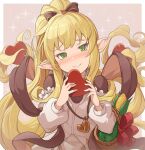  1girl basket blonde_hair blush bow candy chocolate chocolate_heart corn food granblue_fantasy green_eyes harvin heart hinami_(hinatamizu) jewelry long_hair melissabelle pendant pointy_ears ponytail shawl smile sparkle_background valentine very_long_hair 