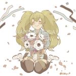  1girl bangs birthday black_legwear blonde_hair blue_shirt blush bouquet character_name closed_eyes confetti dated eyebrows_visible_through_hair flower gambier_bay_(kancolle) happy_birthday holding holding_bouquet kantai_collection long_hair petals pink_flower purple_flower shirt short_sleeves shorts simple_background sitting smile solo sukekiyo_(skky_0) thighhighs twintails twitter_username white_background white_flower white_footwear 