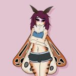  1:1 antennae_(anatomy) anthro arthropod black_eyes breasts bulge clothed clothing dutchsyndicalist eyewear fur glasses hair hi_res insect insect_wings lepidopteran looking_at_viewer moth non-mammal_breasts pink_eyewear pink_glasses purple_hair simple_background solo standing tiger_moth trans_(lore) trans_woman_(lore) tuft white_body white_fur wings 