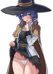 absurdres black_headwear blue_eyes blue_hair blush brown_cloak cameltoe cloak eyebrows_visible_through_hair finger_to_mouth hair_between_eyes hat highres lifted_by_self long_hair loooyd mushoku_tensei panties roxy_migurdia simple_background thighs underwear white_background white_panties witch witch_hat 