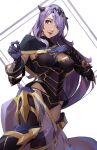  1girl absurdres bangs boots breasts camilla_(fire_emblem) capelet detached_sleeves fire_emblem fire_emblem_heroes gloves hair_ornament hair_over_one_eye hand_on_own_chest highres kuno_(runkunochan) large_breasts looking_to_the_side purple_eyes purple_hair thigh_boots thighhighs tiara upper_body 