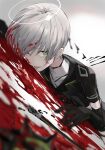  1boy arene_(arknights) arknights black_gloves black_jacket blood blood_on_face blood_splatter bloody_hair blurry blurry_background blurry_foreground commentary elbow_gloves gloves gradient gradient_background green_eyes grey_background grey_hair halo highres jacket licking_blood looking_at_viewer lying male_focus on_stomach shirt short_hair short_sleeves simple_background solo tocotaro tongue tongue_out upper_body white_background white_shirt 