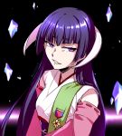  1girl artifedex featherine_augustus_aurora highres higurashi_no_naku_koro_ni hime_cut horns japanese_clothes kakera long_hair medal purple_eyes purple_hair sash solo umineko_no_naku_koro_ni 