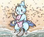  beach detailed_background dewott feral fur holding_object lavilovi male mammal mustelid nintendo outside pok&eacute;mon pok&eacute;mon_(species) sand seaside shell solo video_games water 