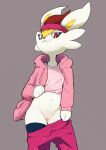  2021 anthro belly cinderace clothed clothing dodudoru female flashing_pussy flat_chested front_view fur genitals grey_background hi_res hoodie looking_at_viewer navel nintendo partially_clothed pok&eacute;mon pok&eacute;mon_(species) pussy red_eyes simple_background solo standing sweatband sweatpants topwear undressing video_games white_body white_fur 