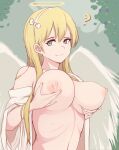  1girl ? angel angel_wings areolae blonde_hair blue_eyes bow_hairband breast_lift breasts earrings folait hair_between_eyes hairband halo highres jewelry lactation large_breasts long_hair looking_at_viewer navel nipples original ribs smile solo undressing upper_body white_robe wings 
