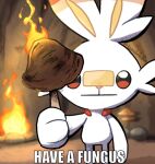  ambiguous_gender anthro artist_name campfire cave cheek_tuft detailed_background elemental_creature english_text facial_tuft fire fungi_fauna fungus fur holding_object kamabokobun looking_at_viewer nintendo pok&eacute;mon pok&eacute;mon_(species) reaction_image rock scorbunny solo stare text tuft video_games white_body white_fur 