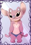  2021 4_toes alien angel_(lilo_and_stitch) antennae_(anatomy) anthro black_eyes border chest_markings clothed clothing disney experiment_(lilo_and_stitch) eyelashes feet female hi_res hidden_mickey knock-kneed lilo_and_stitch long_antennae looking_at_viewer markings panties panties_only pink_body pinup pose purple_background purple_border purple_nose simple_background solo toes topless torinsangel underwear underwear_only white_markings wugi 
