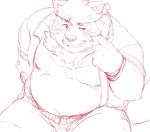 2021 anthro belly blush bottomwear canid canine canis clothing domestic_dog exe_exem kemono live-a-hero male mammal mokdai overweight overweight_anthro overweight_male pants simple_background sketch solo video_games white_background 