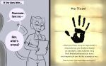  anthro bethesda_softworks bodily_fluids clothed clothing comic dark_brotherhood dialogue duo english_text felid female hand_print hashdrawingslasher human khajiit male male/female mammal nervous note silhouette sketch speech_bubble sweat text the_elder_scrolls video_games 
