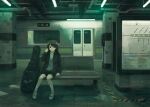  1girl bench black_hair commentary guitar_case indoors instrument_case kensight328 neon_lights original pipes scenery short_hair short_shorts shorts sitting solo subway subway_station train_station 