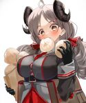  1girl bag baozi belt blue_archive blush breasts brown_eyes food grey_hair hair_ornament hairclip highres hitachi_sou holding holding_food izumi_(blue_archive) large_breasts long_hair long_sleeves looking_at_viewer mouth_hold pouch red_neckwear simple_background upper_body white_background 