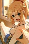  1boy 1girl absurdres bangs bare_shoulders blonde_hair blue_shorts braid breasts chair cleavage collarbone covered_nipples crossed_legs cutoffs downblouse eyebrows_visible_through_hair fate/grand_order fate_(series) from_behind green_eyes hair_ornament hair_scrunchie highres indoors jewelry long_hair looking_at_viewer looking_back matoi92 medium_breasts mordred_(fate) mordred_(fate)_(all) necklace open_mouth parted_bangs ponytail pov scrunchie short_shorts shorts sitting strapless window 