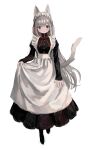  1girl absurdres animal_ear_fluff animal_ears blush cat_ears cat_tail closed_mouth frills grey_hair highres huge_filesize long_hair looking_at_viewer maid maid_headdress original red_eyes red_neckwear red_ribbon ribbon shiny shiny_hair simple_background sleeves_past_wrists smile solo tail very_long_hair white_background zinbei 