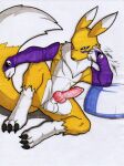  anthro balls big_penis black_sclera blue_eyes digimon digimon_(species) fur genitals hi_res knot male penis pillow renamon rotten_owl simple_background solo traditional_media_(artwork) vein veiny_penis white_background yellow_body yellow_fur 