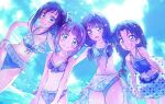  4girls :d aoki_reika bangs bikini blue_bikini blue_eyes blue_hair blue_sky blush braid braided_ponytail breasts cleavage closed_mouth collarbone day dokidoki!_precure eyebrows_visible_through_hair frilled_bikini frills from_below front-tie_bikini front-tie_top grin hagoromo_lala hair_between_eyes hair_intakes hair_ornament hair_over_shoulder hair_scrunchie highres hishikawa_rikka innertube kirakira_precure_a_la_mode kyoutsuugengo leaning_forward long_hair looking_at_viewer low_twintails multiple_girls navel ocean open_mouth outdoors ponytail precure purple_bikini purple_hair scrunchie shiny shiny_hair side-tie_bikini sky small_breasts smile smile_precure! star_twinkle_precure summer swimsuit tategami_aoi twintails white_scrunchie 