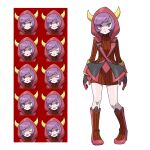  1girl asatsuki_(fgfff) bangs boots closed_mouth commentary_request courtney_(pokemon) dress expression_chart expressionless fake_horns full_body gloves highres hood hood_up horns knees looking_at_viewer pokemon pokemon_(game) pokemon_oras purple_eyes purple_hair red_dress ribbed_dress shiny shiny_skin short_hair standing team_magma turtleneck_dress white_background 
