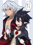  2018 black_hair clothing disgaea disgaea_4 duo exposed_chest fenrich fish grey_hair hair hi_res humanoid humanoid_pointy_ears japanese_text male mammal marine neckwear not_furry_focus open_mouth pattern_background red_eyes sardine simple_background sunflower_(artist) text translation_request valvatorez vampire video_games 