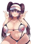  1girl :d alternate_breast_size bikini blush breasts brown_hair collarbone commentary_request double_bun double_v hands_up highres huge_breasts long_hair looking_at_viewer navel open_mouth pokemon pokemon_(game) pokemon_bw2 purple_eyes rosa_(pokemon) shiroie_mika simple_background smile solo sweatdrop swimsuit twintails v visor_cap white_background white_bikini 