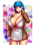  1girl bangs blue_hair breasts brown_jacket cleavage cowboy_shot dress earrings erkaz eyebrows_visible_through_hair floral_print hand_up highres huge_breasts jacket jewelry long_sleeves original outline red_eyes rina_atherina short_hair solo white_outline 