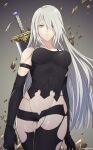  1girl android bare_shoulders black_gloves black_legwear blue_eyes breasts closed_mouth commentary elbow_gloves gloves highres joints long_hair looking_at_viewer mole mole_under_mouth murata_tefu nier_(series) nier_automata robot_joints shorts silver_hair solo sword thighhighs weapon yorha_type_a_no._2 